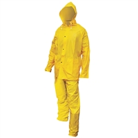 This heavy duty yellow pvc polyester rain suit is a size large and will help you stay dry when it's pouring.