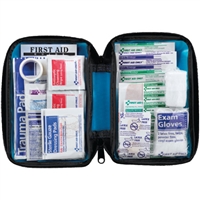 Inside of an 81 piece all purpose first aid kit with a zipper case