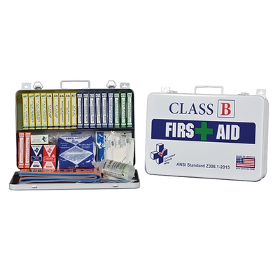 This class B first aid kit is filled with everything you'll need in the case of an emergency. This metal case is ideal for any work zone.