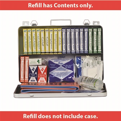 This first aid kit has everything you need. 4 certi strips, 1 first aid guide book, scissors, trauma pad and much more